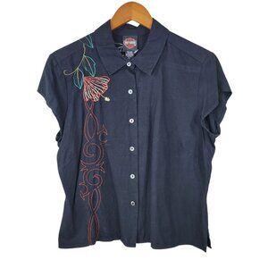Harley Davidson 100% Silk Embroidered Beaded Top Size XL Black Floral Button Up